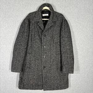 Calvin‎ Klein Jacket Large Black Wool Tweed Pea Coat Long Warm Pockets Collar